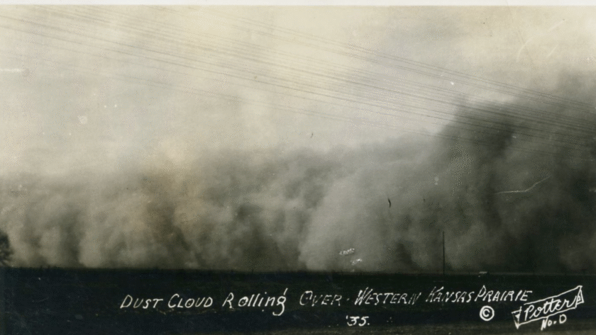 A long, dark dust cloud rolls across the land. Text: Dust Cloud Rolling Over Western Kansas Prairie Copyright Potter '35