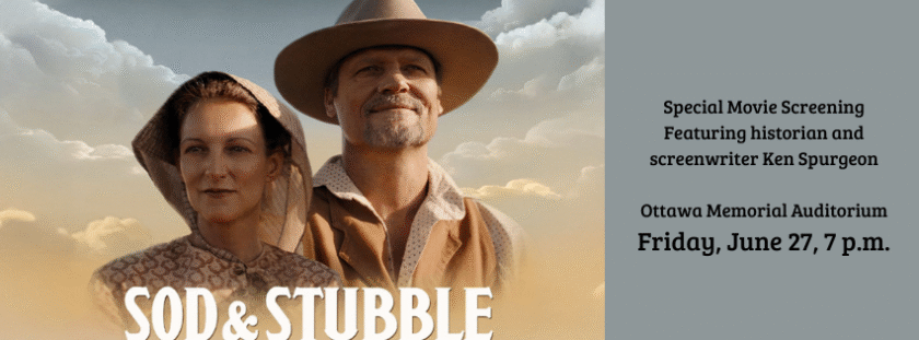 A man and woman in 19th Century Western Dress are backlit by a summer sun. Text: special movie screening Featuring historian and screenwriter Ken Spurgeon, Ottawa Memorial Auditorium, Friday, June 27, 7 p.m.
