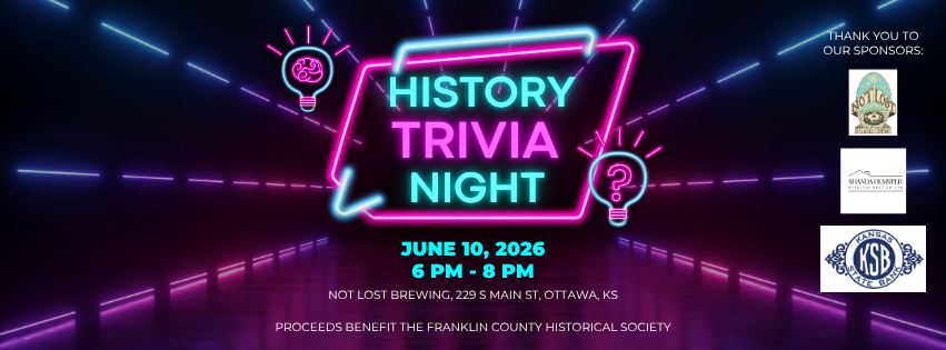 Text in neon: History Trivia Night, June 10, 2026, 6 p.m. to 8 p.m. at Not Lost Brewing. Logos for Not Lost Brewing, Kansas State Bank, and Shanda Olmsted/Prestige Real Estate.